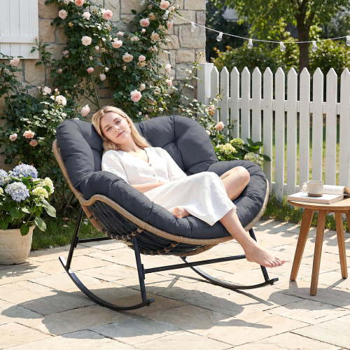 RADIATA Oversized Outdoor Papasan Rocking Chair, Heavy Duty Wicker Patio Egg Chair with Cushion, 450lbs Capacity, Comfortable,Dark Gray