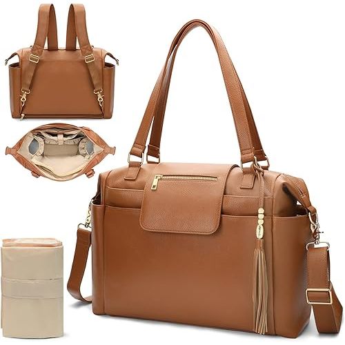 Diaper Bag Tote Leather Diaper Bag Backpack Large Baby Diaper Bag 14 Diaper Bag Organizing Pouches,Changing Pad,Crossbody Strap,4 Insulated Pockets,Brown