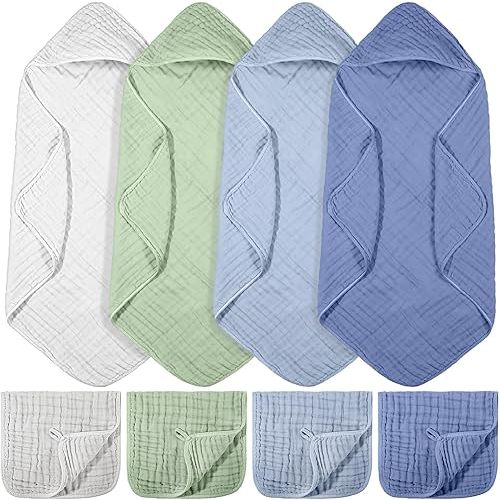 8 Pcs Baby Muslin Hooded Bath Towels and Washcloths, 32 x 32 Inch Muslin Cotton Hooded Baby Towels Absorbent Blankets for Gift Newborn Infant Shower (Calming Color)