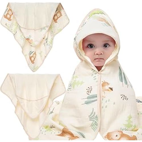 Muslin Hooded Baby Towels for Newborn 2 Pack 31.5 x 31.5 Inch Ultra-Soft Absorbent 100% Cotton Baby Bath Towel with Hood, for Infant Toddler and Kids, Baby Stuff Bath Shower Gifts