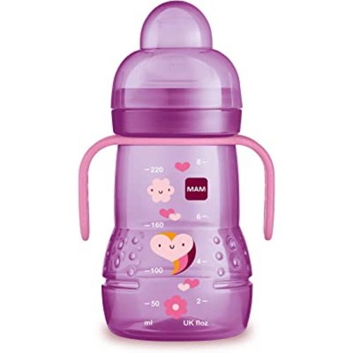MAM Plastic Trainer Cup (1 Count), 8 oz. Trainer Drinking Cup with Extra-Soft Spout, Spill-Free Nipple, and Non-Slip Handles, for Girls 4+ Months, Designs May Vary