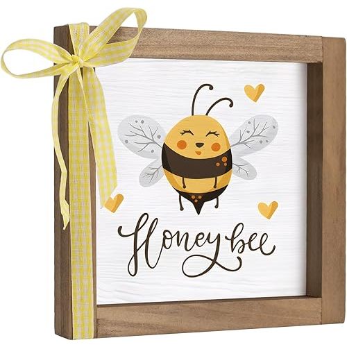 Wooden Honey Bee Signs, 6 Inch Small Honeybee Themed Wall Decor, Nursery Kitchen Bathroom Room Table Shelf Tiered Tray Desk Rustic Farmhouse Decoration For Home
