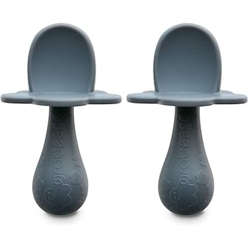 Grabease Baby Silicone Spoon Set for Baby-Led Weaning & First Stage Self-Feeding: Soft, Safe 100% Food-Grade Silicone; BPA-, PVC- Latex- & Phthalates-Free and Dishwasher Safe; Set of 2 Gray Spoons