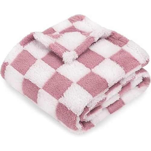 HOMRITAR Checkered Baby Blanket for Grils Coral Pink Soft Fluffy Fuzzy Blankets with 3D Chessboard Grid, Warmer Comfort Reversible Lightweight Bed Blanket for Toddlers Infant or Newborn 30 x 40 Inch
