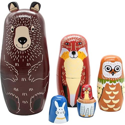 Conzy Russian Nesting Dolls for Kids, Stacking Wooden Handmade Matryoshka Dolls, 5 Piece Cute Cartoon Animal Pattern, Great Toy Gift for Girls Boys' Birthday or Home Decoration (Brown)