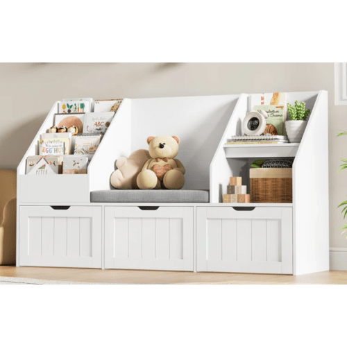 3-IN-ONE Kids Bookcase with 3 Drawers, Soft Cushion, 4-Layer Bookshelf, Reading Nook