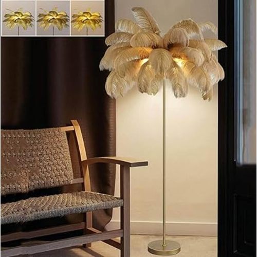 Ostrich Feather Lamp Feather Floor Lamps, 3 Colors Led Bulb, Bedroom Standing Lamp, Decorative Lamp for Living Room Bedroom Office Shop Window（62.99 Inch High） (Camel)