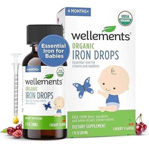 Wellements Organic Iron Drops for Newborn+ Babies (1 Fl Oz) - Cherry Flavor Liquid Iron Supplement for Infants - Toddler Iron Supplement for Kids (4months+ to 3 Years) - Supports Growth & Development*