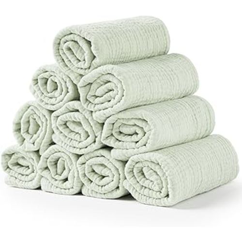 Konssy Baby Muslin Washcloths 10 Pack, 100% Cotton Baby Wash Cloths, Soft Baby Face Towels and Absorbent Burp Cloths for Newborn Kids Girls and Boys, Baby Essentials & Registry, 11x11 inches