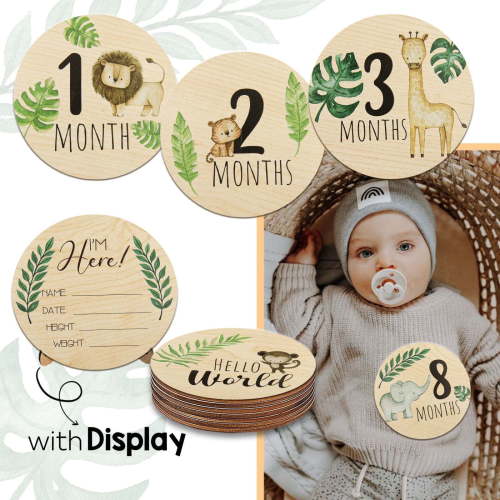 Wooden Baby Monthly Milestone Cards - 7 Double-Sided Photo Props for Newborn to 1 Year - 4 Inch Round Signs with Birth Stats - Eco-Friendly Solid Wood Photography Accessories