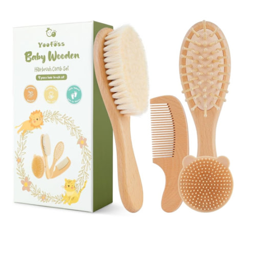 Yoofoss 4 Piece Baby Brush and Comb Set, Wooden Baby Brush with Natural Ultra Soft Goat Hair, Baby Hair Brush for Newborn, Baby Brush Set for Boy Girl