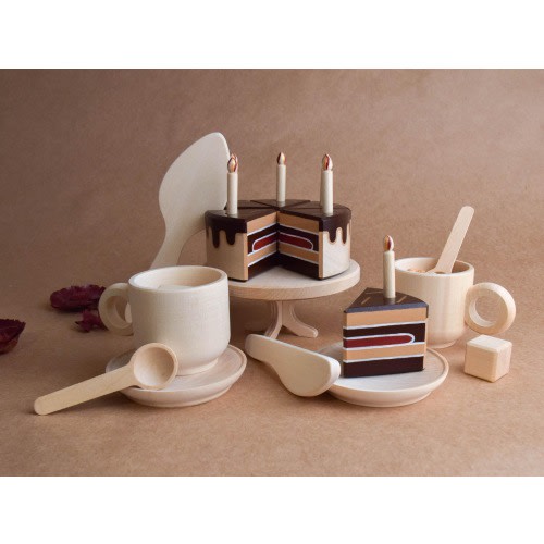 Wooden Tea Set Chocolate Cake with Candles for Wooden Play Kitchen for Toddler Girls and Boys