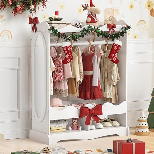 Curipeer Double Rods Kids Dress Up Storage with Full-Length Mirror, Kids Wardrobe Closet with 3 Hooks, Open Hanging Toddler Dress Up Rack, Kids Armoire Costume Organizer for Playroom, Bedroom, White