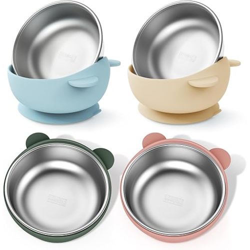 Stainless Steel Baby Bowls with Suction, 2-in-1 SUS304 Toddlers Bowl & Removable Silicone Suction Kids Bowl, Anti Scald Non Toxic Snack Container for Baby Food Feeding, Morandi Set of 4