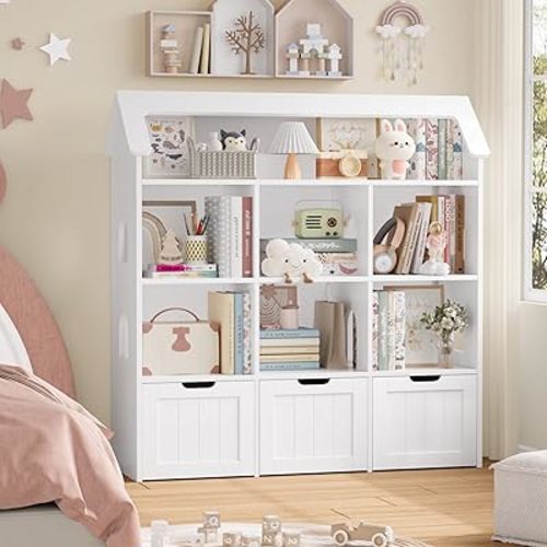 47.2'' Toy snd book Storage dollhouse shapedOrganizer, Toy Organizers and Storage with 3 Movable Drawers and 6 Storage Cubbies, Kids Bookshelf Playroom Organization for Playroom Bedroom, White
