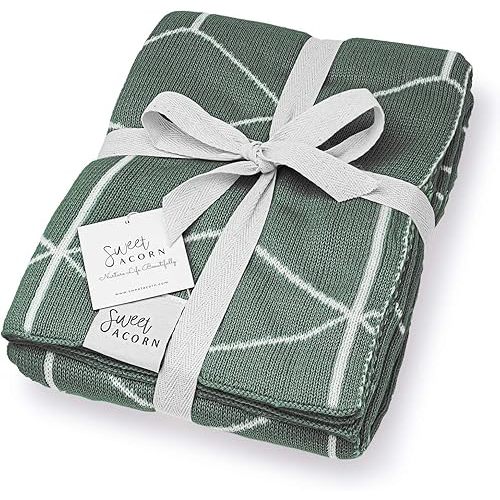 Knit Baby Blanket - Organic Cotton Baby & Toddler Receiving Blankets for Girls & Boys - Soft Knit Stroller/Throw Blankets - Geometric Pattern - Juniper Green