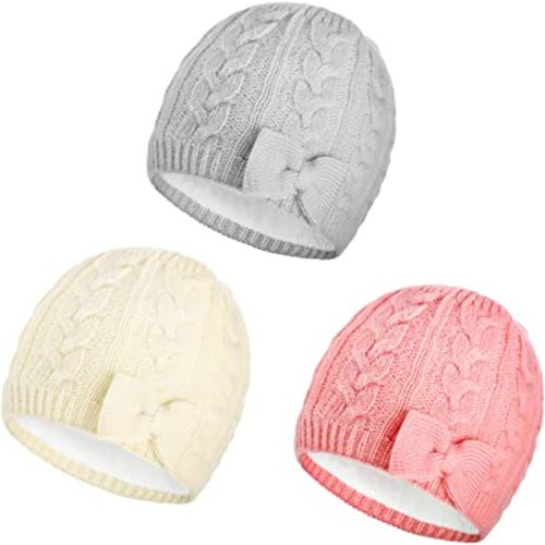 SATINIOR 3 Pieces Fleece Lined Baby Beanie with Bow, Infant Newborn Toddler Kids Winter Warm Knit Cap for Boys Girls