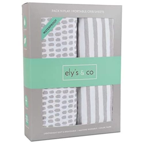 Ely's & Co. Patent Pending Waterproof Pack N Play/Mini Portable Crib Sheet with Mattress Pad Cover Protection I Taupe Stripes and Splash