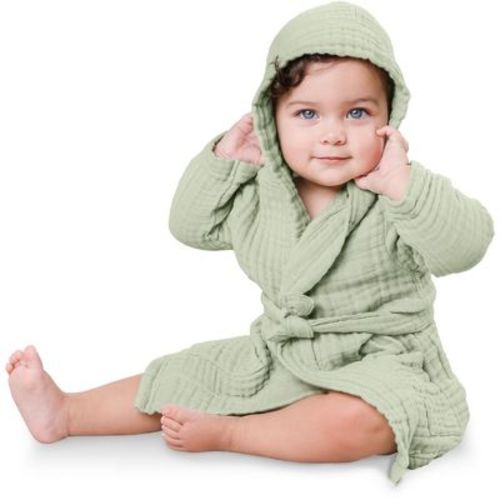 Muslin Bath Robe For Baby 100% Cotton, 4-layer Absorbent Muslin Fabric By Comfy Cubs - Sage, 6-12 Months