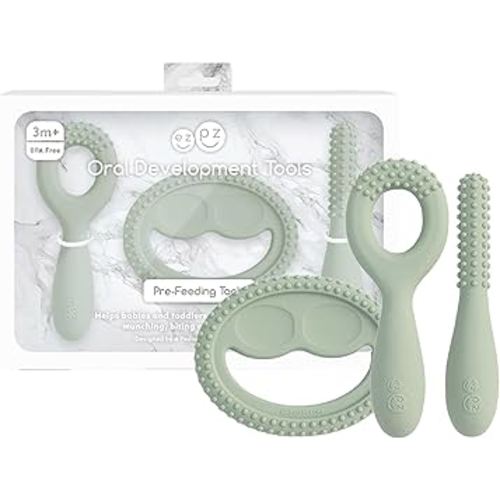 ezpz Oral Development Tools - 3 Months+ (3 Pack in Sage) - Non-Slip Loop, Smile and Stick, 100% Silicone Tools to Practice Feeding + Chewing - Sensory Bumps - Dishwasher Safe