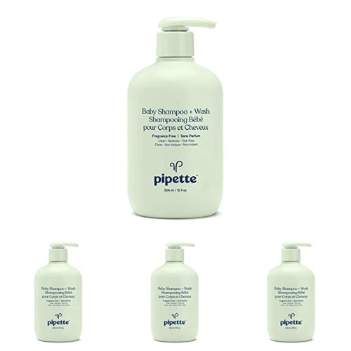 Pipette Baby Shampoo and Body Wash - Fragrance Free, Tear-Free Bath Time, Hypoallergenic, Moisturizing Plant-Derived Squalane, New Formula, 11.8 fl oz (Pack of 4) - Unscented - 12 Fl Oz (Pack of 4)
