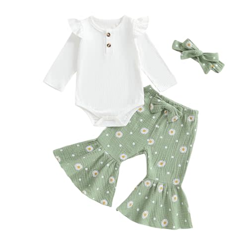 Sreakeio Newborn Baby Girls Clothes Infant Ribbed Knit Romper Tops and Daisy Print Bell-Bottoms Headband Clothing Sets