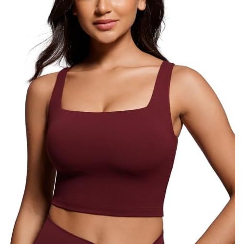 CRZ YOGA Butterluxe Womens Square Neck Longline Sports Bra - Workout Crop Tank Tops Padded Yoga Camisole with Built in Pads