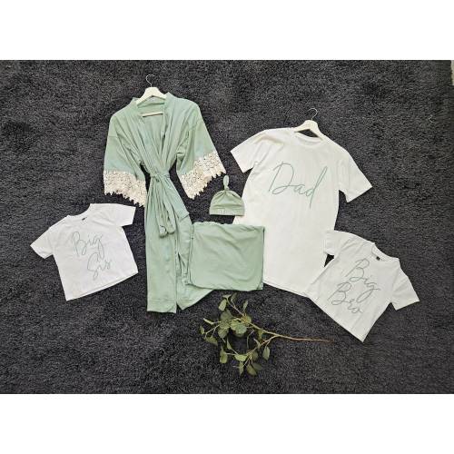 Sage green matching family outfits set Matching Dad shirt & Maternity delivery gown robe and swaddle set boy/girl with personalized hat.