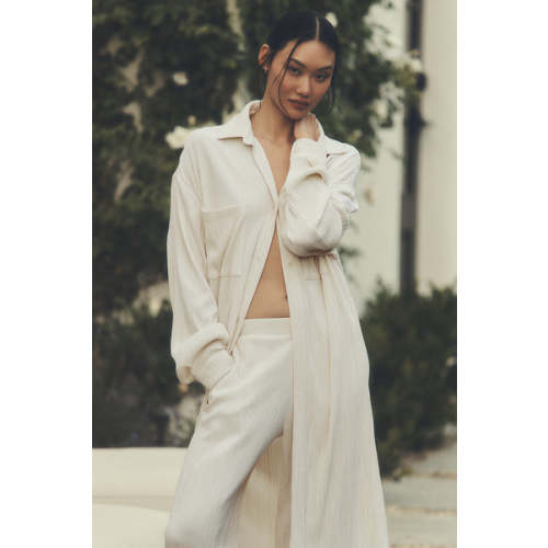 Micro Plisse Shirt Dress - Oat Milk