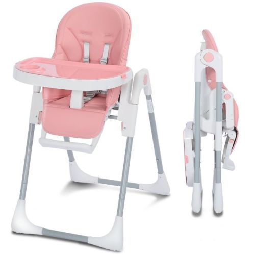 Kinder King Foldable High Chair for Baby, Toddler Eating Chair with Detachable Double Trays, Pink