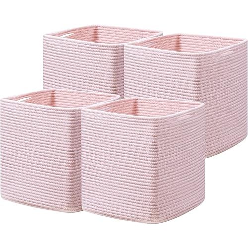 joybest Cube Storage Bins Set of 4, 13inch Cube Baskets Organizer for Nursery, Square Cotton Rope Baskets for Shelves Organizing, Kids Toy, Closet Storage,Pink