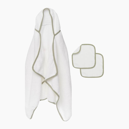 Lalo The Hooded Towel & Washcloth Set, 100% Organic Cotton, Soft on Sensitive Skin, Durable & Absorbent, Machine Washable, Includes One Baby Towel and Two Washcloths - Sage