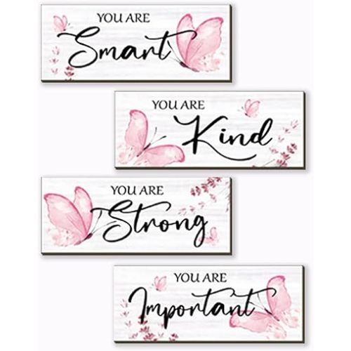 DONFENTHY 4 Pcs Butterfly Wall Decor Pink Room Decor Wooden Positive Butterfly Decor with Inspirational Word Sign for Teen Girls Women Room Bathroom Bedroom Office(Pink,10x4 Inch)
