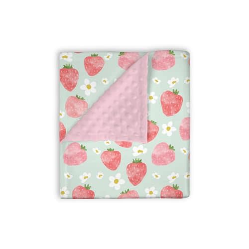 EyMzcod Mink Baby Girls Blanket Sweet Strawberry Floral, Watercolor Fruit Flower Soft Double Layer Dotted Backing Receiving Blankets, Pink Green Newborn Infant Toddler Nursery Crib Bedding 30" x 40"