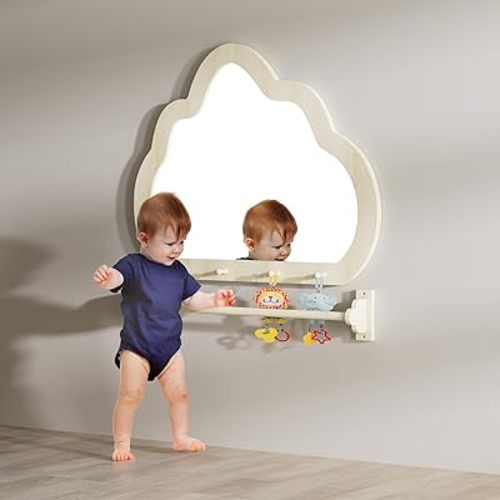 Baby Montessori Wooden Frame Non-Shatter Safety Mirror w/Pull Up Bars, Infants Exploration Set, Infant Coordination Small Mirror for 6-18 Months(Natural)