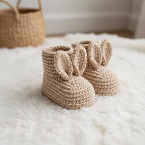 Crochet Bunny Baby Booties, Beige Bunny Ear Booties, Handmade Newborn Shoes, Neutral Baby Gift, Baby Photo Prop