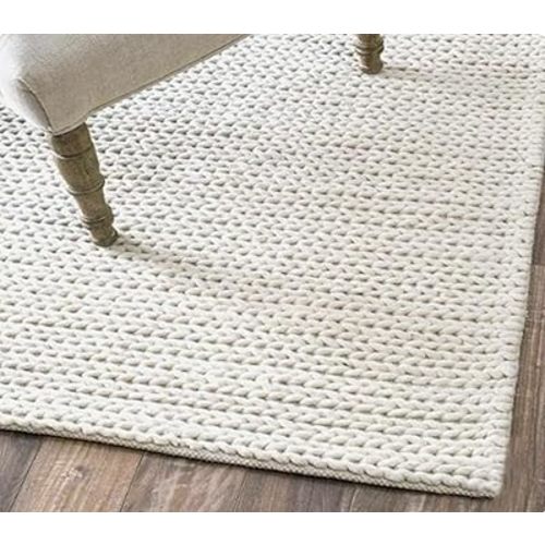FRELISH DECOR Wool Cotton Area Rug for Living Room and Bedroom, 6'x9' Handwoven Braided Chunky Knit Cable Rugs, Farmhouse Contemporary Area Rug: Wool Ivory Premium