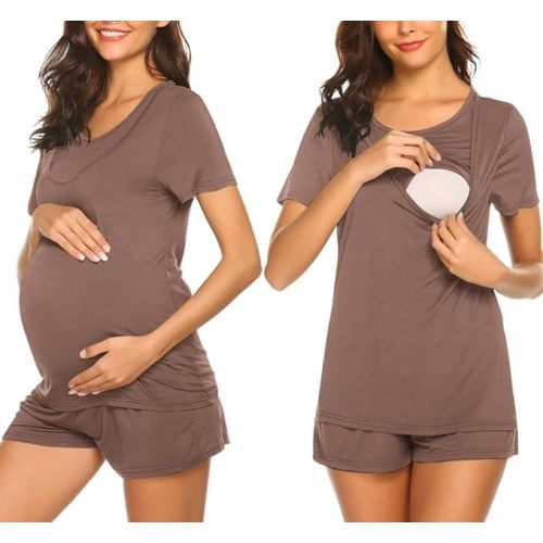 Ekouaer Maternity Nursing Pajamas Set Short Sleeve Breastfeeding Sleepwear Double Layer Postpartum Top and Shorts Set