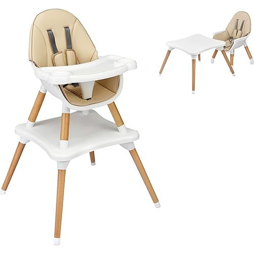 HONEY JOY Baby High Chair, 5-in-1 Convertible Wooden Highchair for Babies and Toddlers/Table and Chair Set/Toddler Chair with Safety Harness, 4-Position Removable Feeding Tray(Khaki)
