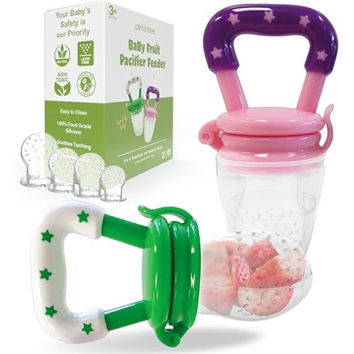 Baby Fruit Feeder, Teething Pacifier for Fruits, Veggies, or Frozen Milk, Food-Grade Silicone Teethers for Babies 6-12 Months, Baby Essentials for Teething Relief - Apple Green and Lychee Pink