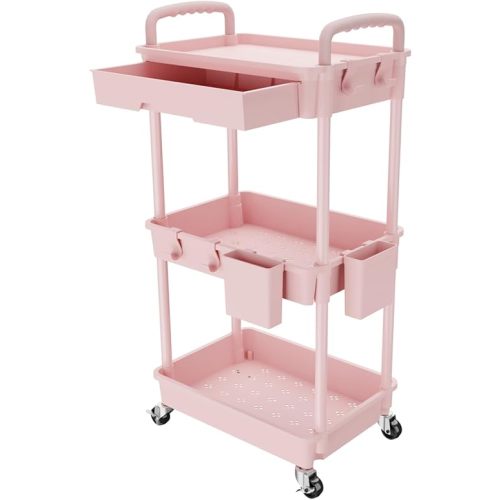 REBECAT 3 Tier Rolling Utility Cart with Drawer,Storage Cart,Rolling Cart for Kitchen,Bathroom,Living Room,Storage Organizer with Iron Wheels（Pink