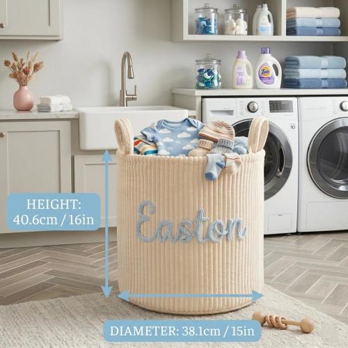 Personalized Corduroy Baby Laundry Basket, Custom Yarn Name Toy Bin, Nursery Decor Hamper