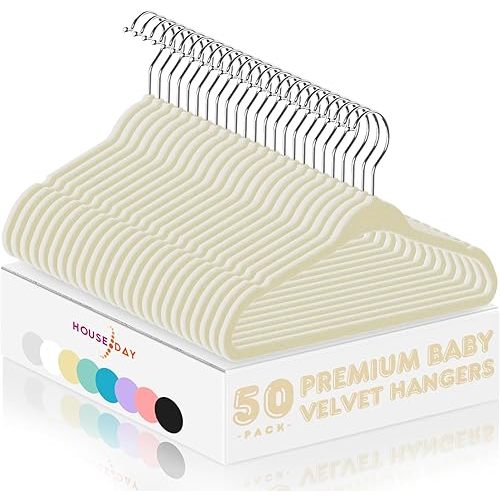 HOUSE DAY Velvet Baby Hangers 50 Pack, Premium Children's Hangers for Baby, Infant & Toddler Clothes, Durable Non Slip Baby Felt Hangers Beige, 11 Inch Baby Hangers for Closet, Ideal for Everyday Use