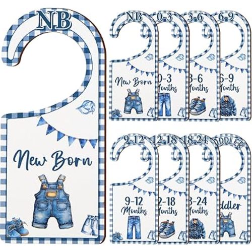 Baby Closet Dividers 8PCS, Denim Themed Wooden Double-Sided Clothes Size Hanger/Organizer from Newborn to Toddler, Blue Jean Nursery Decor Baby Shower Birthday Gender Reveal Party Gift