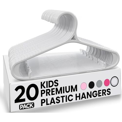 Utopia Home Kids Hangers 20 Pack - 11 Inch Plastic Baby Hangers for Closet - Childrens Hanger for Clothes & Infant Hanger for Closet - Non-Slip Shoulder Grooves, Strap Hooks & Pants Bar (White)