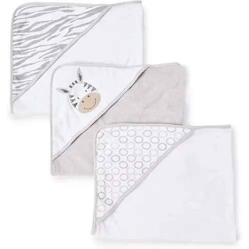 Spasilk Baby 3 Pack Soft Terry Hooded Towel Set for Newborn Boys and Girls, Grey Zebra