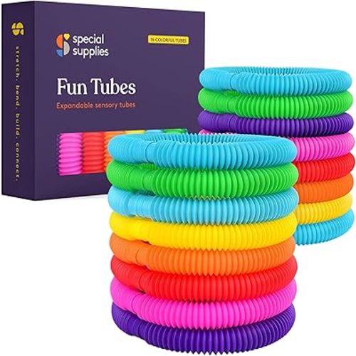 Special Supplies Fun Pull and Stretch Tubes for Kids - Pop, Bend, Build, and Connect Toy, Provide Tactile and Auditory Sensory Play, Colorful, Heavy-Duty Plastic (16-Pack Primary Colors)