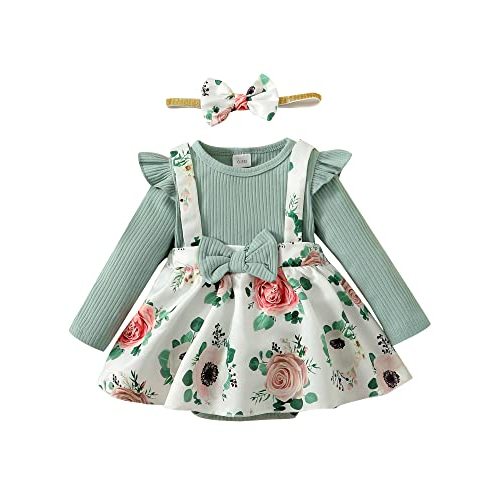 HIGHUZZA Baby Girl Winter Clothes Toddler Girl Spring Outfit Long Sleeve Ruffle Romper Suspender Skirt Headband Set