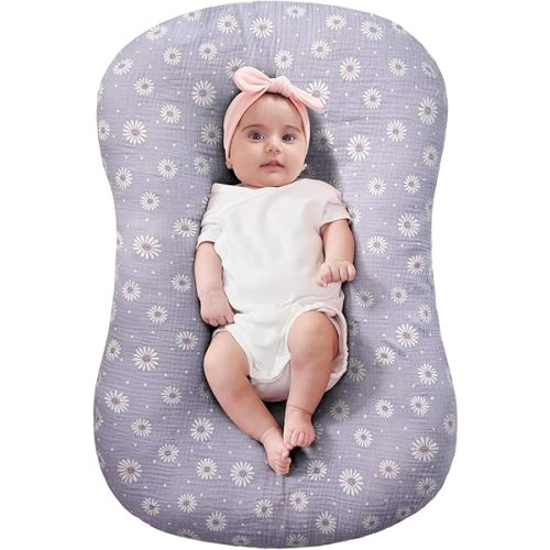 FUNUPUP Muslin Baby Lounger Cover Compatible with Snuggle Me Lounger, Infant Pillow Cover for Newborn, Removable Nest Slipcover for Boys and Girls, Only Cover, Purple Daisy