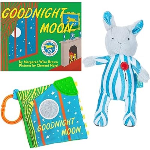 Goodnight Moon Board Book by Margaret Wise Brown, Beanbag Bunny Stuffed Animal Plush, and Good Night Moon Baby Soft Book Toy with On The Go Clip (A Classic, Sweet Dreams Baby Book Bedtime Gift Set B)